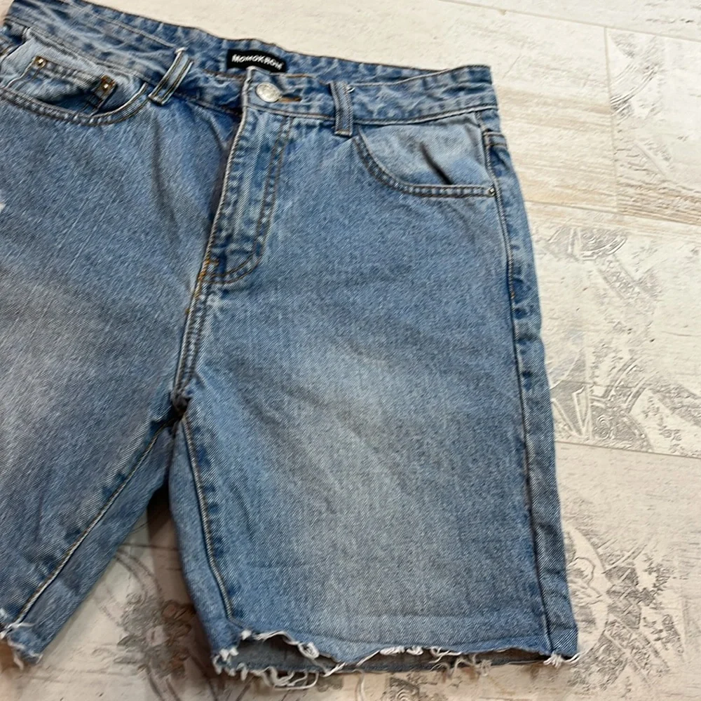 Momokrom Light Wash Distressed High Waist Cut Off Jean Shorts